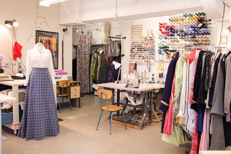 sewing station and rack of costumes