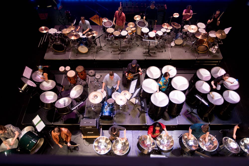 Overhead image of steel drums and drumsets