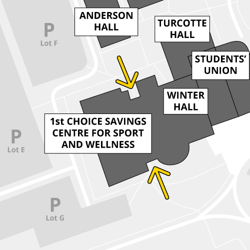 North and south doors of the 1st Choice Savings Centre are open during business hours