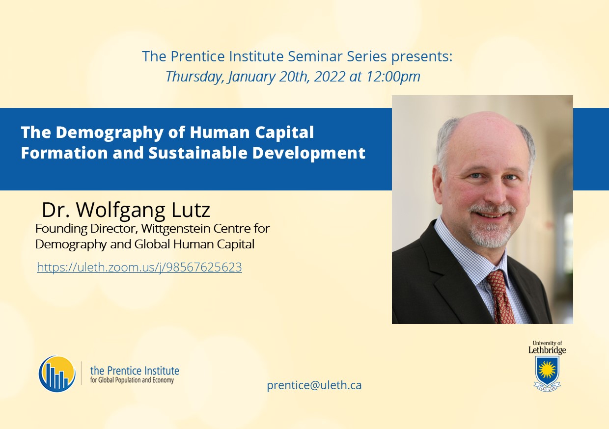 The information poster for Dr. Wolfgang Lutz's January 20th presentation with the Prentice Institute for Global Population and Economy