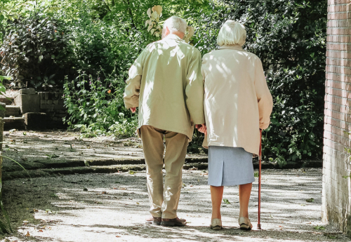 An elderly couple walking