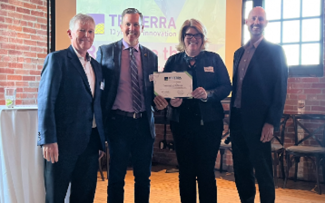 Photo: From left to right are Monty Carter, TECTERRA board chair, Dr. Matthew Letts, Dean, Faculty of Arts & Science, Kathy Greenwood, vice-president of development, alumni relations and community engagement, and Jonathan Neufeld, TECTERRA CEO.