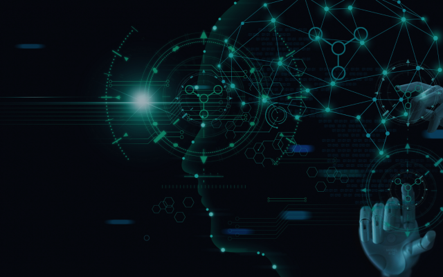 Artificial Intelligence background with grids, robotic hands and robotic had super imposed