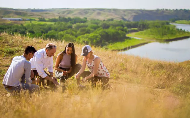 People on a hill working