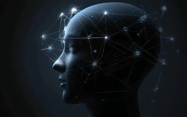 AI Generated image represnting AI literacy with lighted nodes surrounding a gender and race neutral head