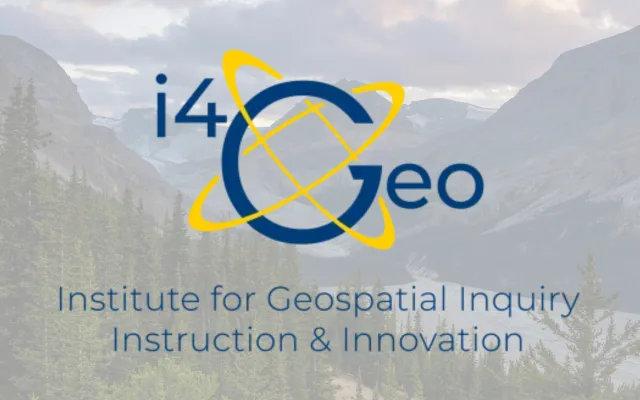 i4Geo logo, with a logo Blue G and two outlined circles wrapping around it. The logo is over an image of mountains and forest, which is desaturated.