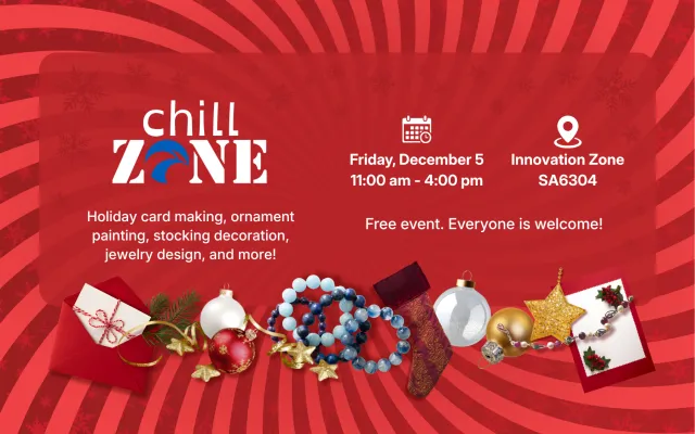 Graphic design of a red spiral, with snowflakes. On top is a red rectangle that holds the event information for Chill Zone. Along the bottom are photos of cards, ornaments, jewelry, and stockings.