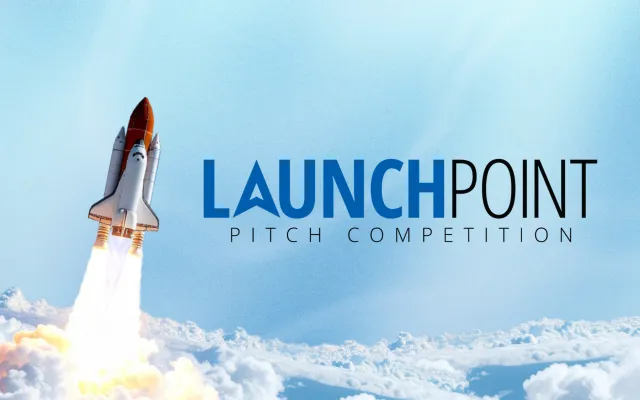 A rocket blasting off above the clouds, with a light blue cloudy background. On the right reads "Launch Point Pitch Competition"