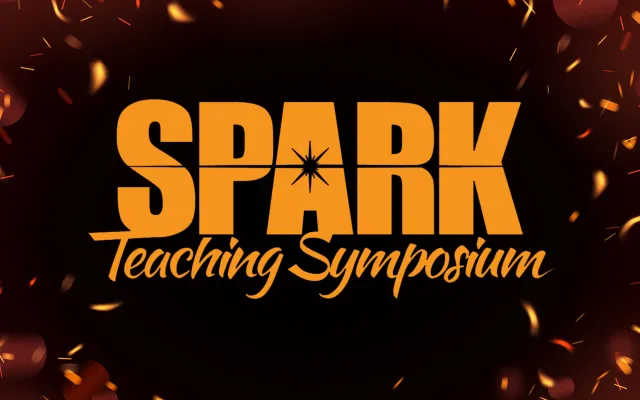 SPARK Teaching Symposium, over a black background with red sparks and embers glowing.