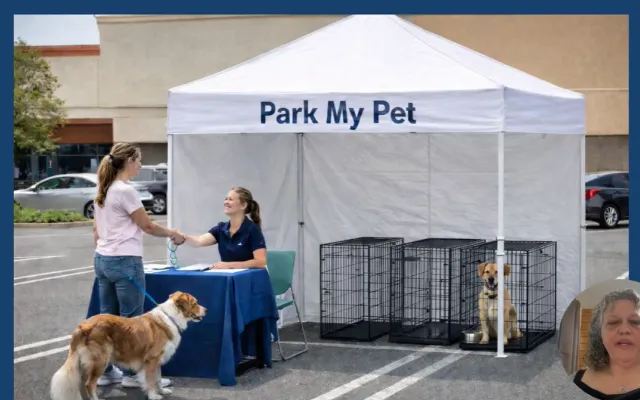 Tent labelled "Park My Pet" with a dog in a kennel. There's another dog owner speaking to the tent's representative.