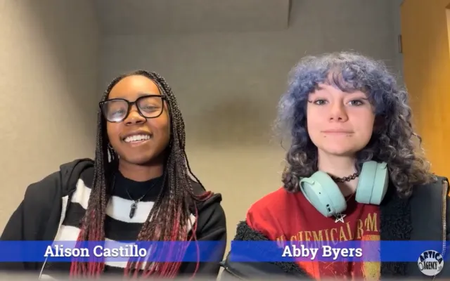 Two girls facing the camera, with subtitles from left t right, "Alison Castillo, Abby Byers"