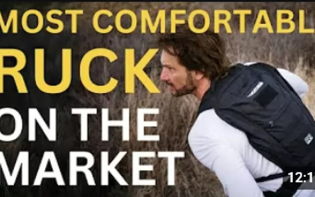 Text overlaying man with small backpack "Most comfortable ruck on the market"