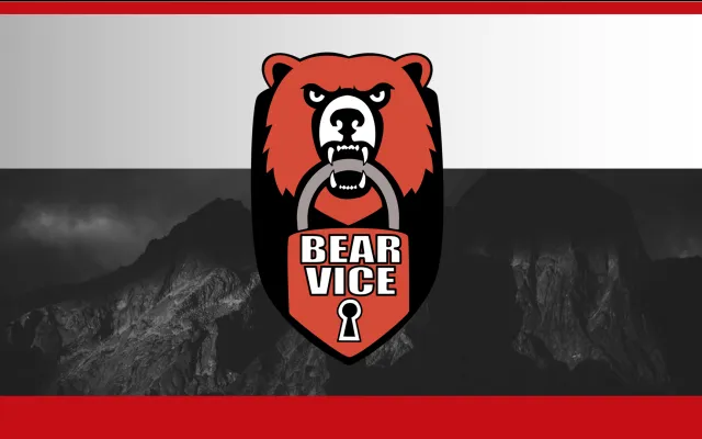 A logo of an orange bear face, holding a lock in its mouth, on the lock it heads 'Bear Vice' above the keyhole