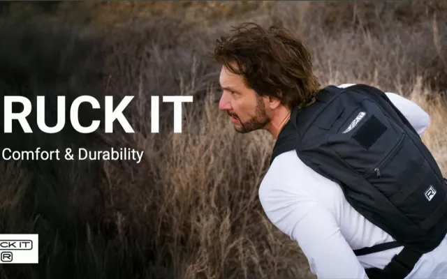 Man wearing a weighted backpack with the text "Ruck It, Comfort & Durability"