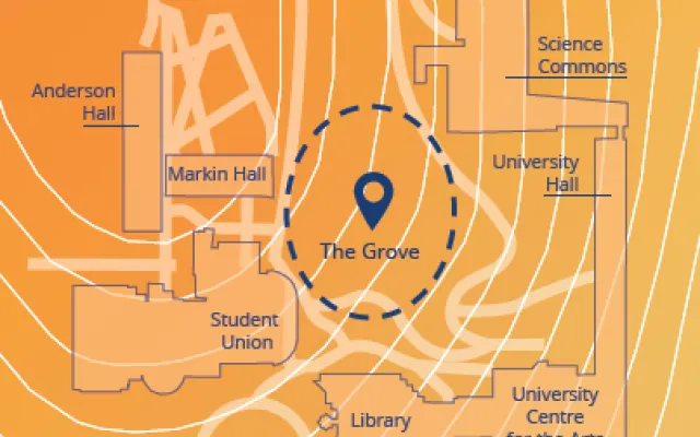 A map of the university campus showing where the grove is located