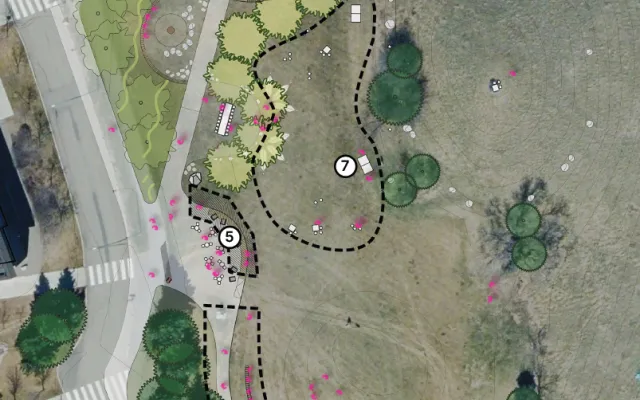 Arial photo of The Grove mapping out which areas would be included in phase 2 of the project.