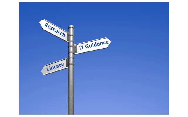 Road sign pointing at 3 sources of guidance: IT, Library, and Research
