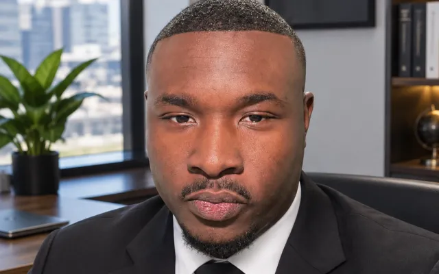 man in a suit in front of a city skyline