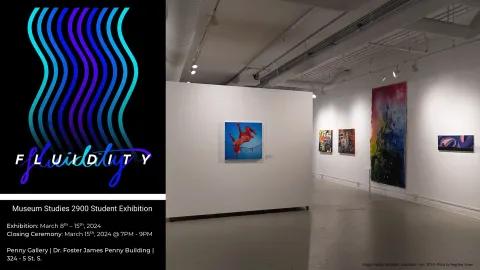Installation view of paintings in Fluidity exhibition curated by Museum Studies 2900 students at the University of Lethbridge.