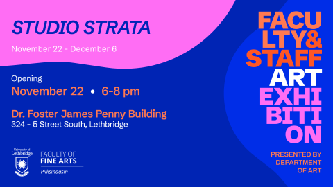 Poster invite for Studio Strata exhibition with blue and pink geometric shapes.