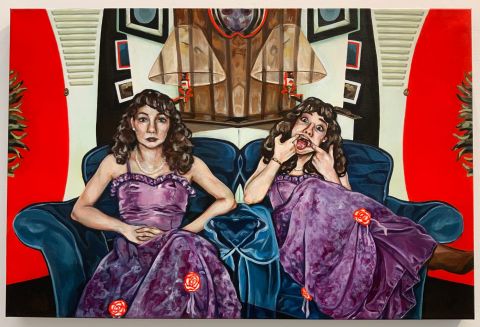 A painting of two young women mirrored. They are sitting in a blue chair wearing a purple dress. One woman has a serious face while the other is sticking her tongue out.