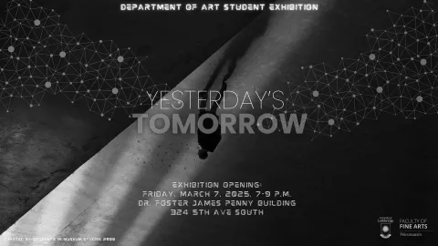 Yesterday's Tomorrow poster for Department of Art Student Exhibition 2025. Shadow of solo figure.