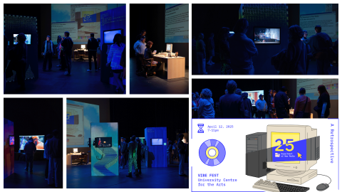 Department of New Media 25th Anniversary Retrospective installation at Vibe Fest 2025. Photos by Angeline Simon (BFA - Art '18). Photo montage of people enjoying the Department of New Media 25th Anniversary Retrospective Exhibition at Vibe Fest 2025.