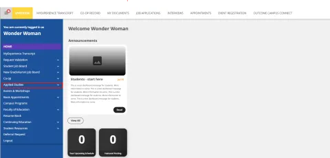 Screenshot of the MyExperience system dashboard, round rectangle around the applied studies menu option