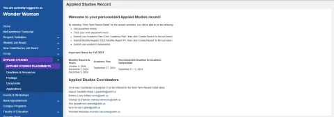 Screenshot of the MyExperience platform with the applied studies menu option selected.