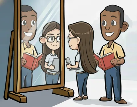 Shows two characters representing instructors looking in a mirror with their reflections looking back, Represents reflective practice