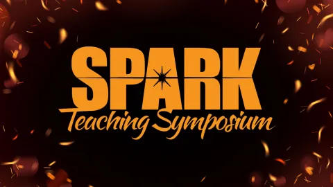 SPARK Teaching Symposium, over a black background with red sparks and embers glowing.