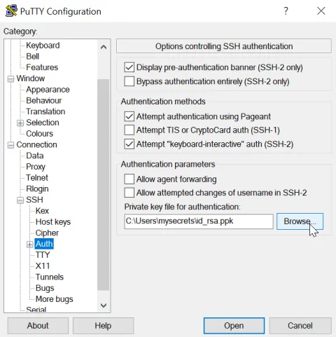 Screenshot of Putty Configuration