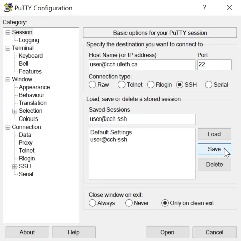 Screenshot of Putty Configuration