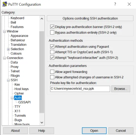 Screenshot of Putty configuration