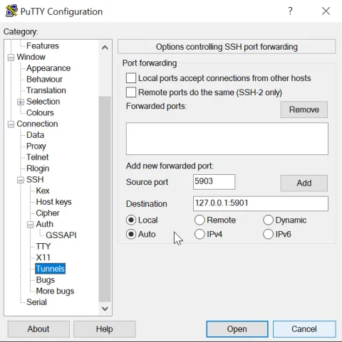 Screenshot of Putty Configuration