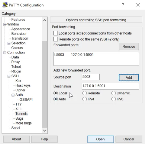 Screenshot of Putty Configuration
