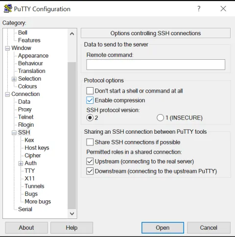 Screenshot of Putty Configuration