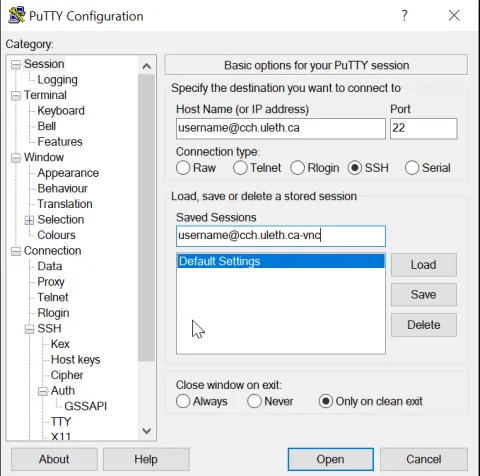 Screenshot of Putty Configuration