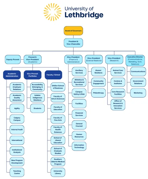 Organizational chart for the university's reporting structures