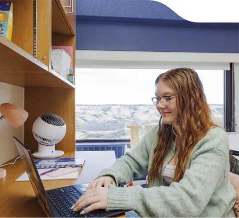 Female student in a dorm room using a laptop