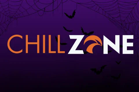 Orange 'Chill Zone' text over a dark purple background with cobwebs and bats