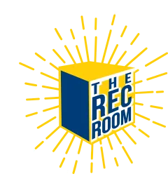 REC Room Logo- a cube with the words The REC Room and sun-ray lines coming out of it