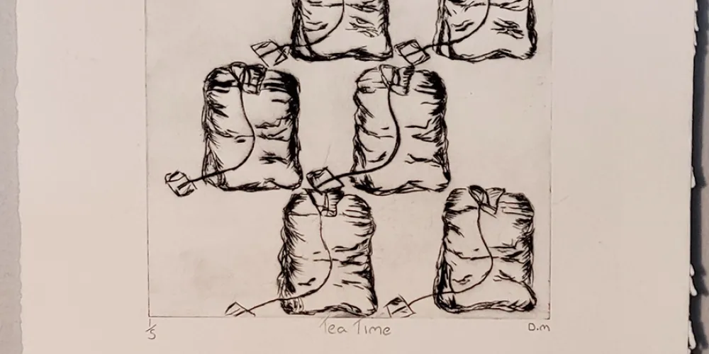 Dry point Oil Based Ink Print called Teatime by Dominique Marcil