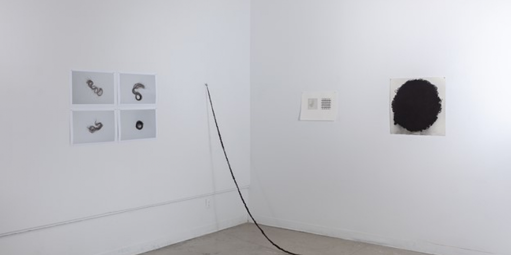 Installation view of artworks by Kaela Murphy. Left to Right: pieces; extension (2021); note to self (2022); my hair (2022).