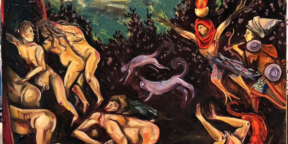 Artwork called Bosch’s Schadenfreude by artist Leah Evans. Oil on canvas.
