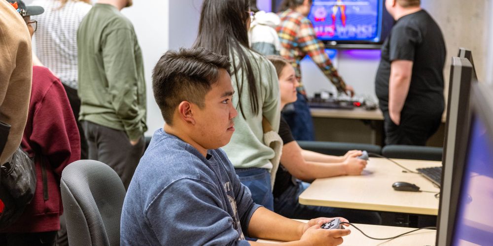 Students playing video games.
