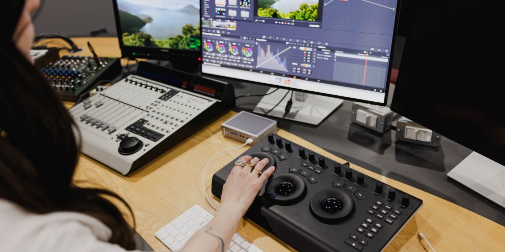 Student in a cinema editing suite.