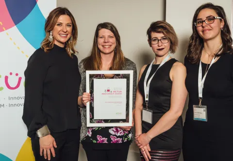 Left to right are Jennifer Flanagan, president and CEO of Actua, Valerie Archibald, director, youth outreach, Cassandra Allenby (BFA '14), Codemakers coordinator, and Dr. Laura Keffer-Wilkes (MSc '12, PhD '16), program coordinator. Submitted photo.