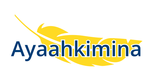 Gold coloured feather with the Blackfoot word Ayaahkimina which means 
