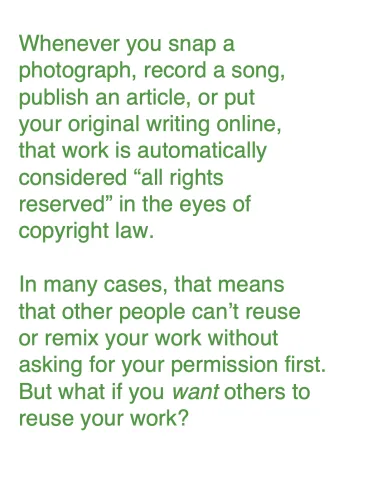Text explaining that works are all rights reserved by default. What if you WANT someone to use your work without having to ask permission first?